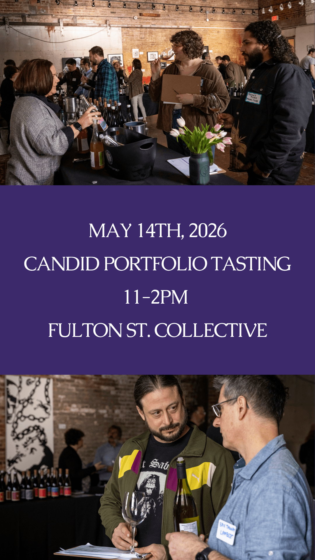Candid portfolio tasting invitation for May 14, 2026 at Fulton Street Collective